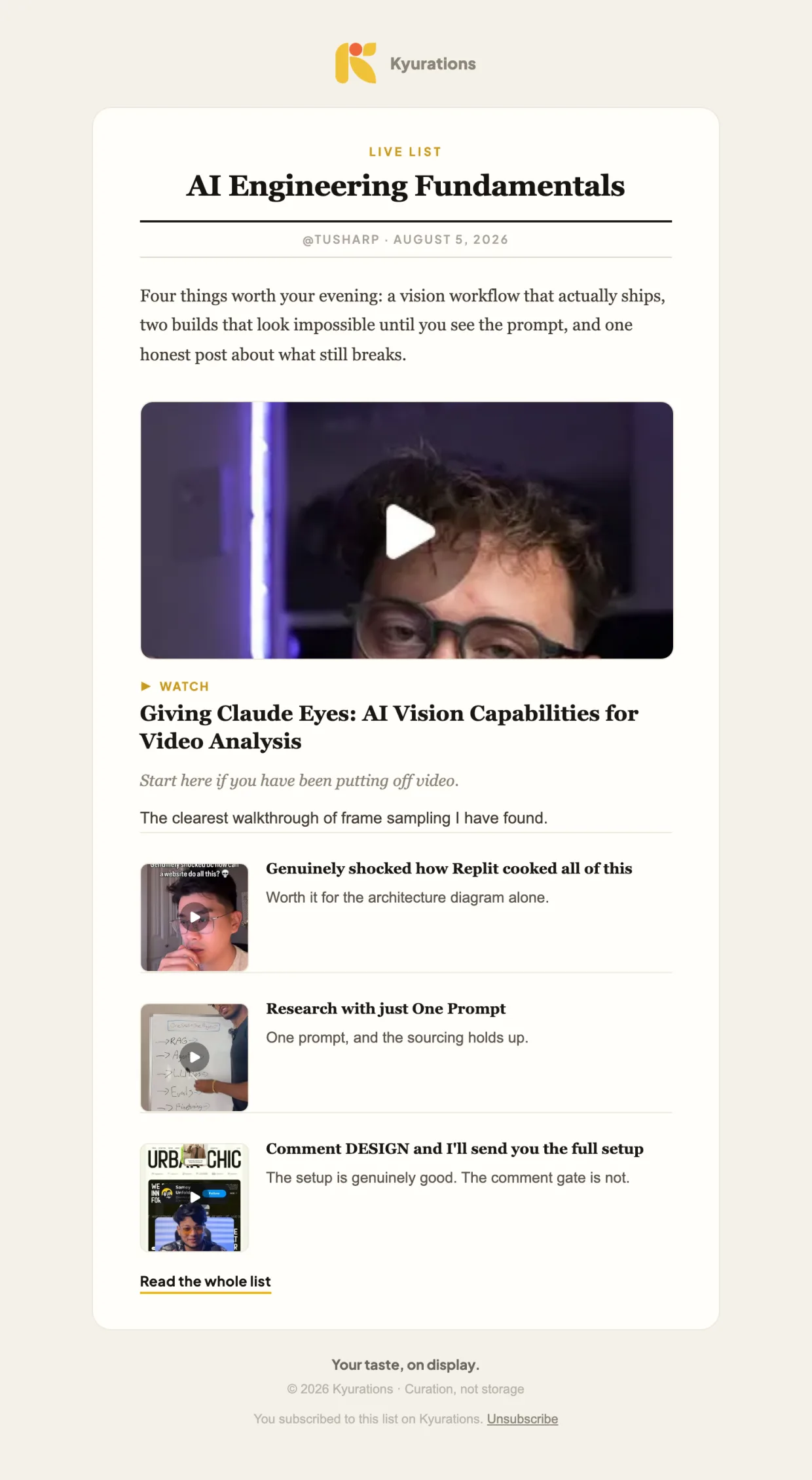 A Kyurations newsletter issue. A serif masthead reads AI Engineering Fundamentals above the curator's handle and the date, then an opening paragraph, a lead story with a large cover image and a one-line introduction, three shorter entries with square thumbnails, and a footer carrying an unsubscribe link.