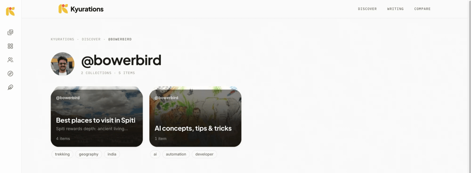 A curator page: every collection you have published, at your own handle