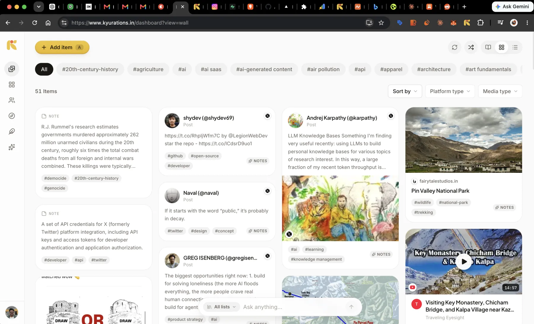 The Bower in grid view, showing saved posts, videos and notes as cards of different shapes