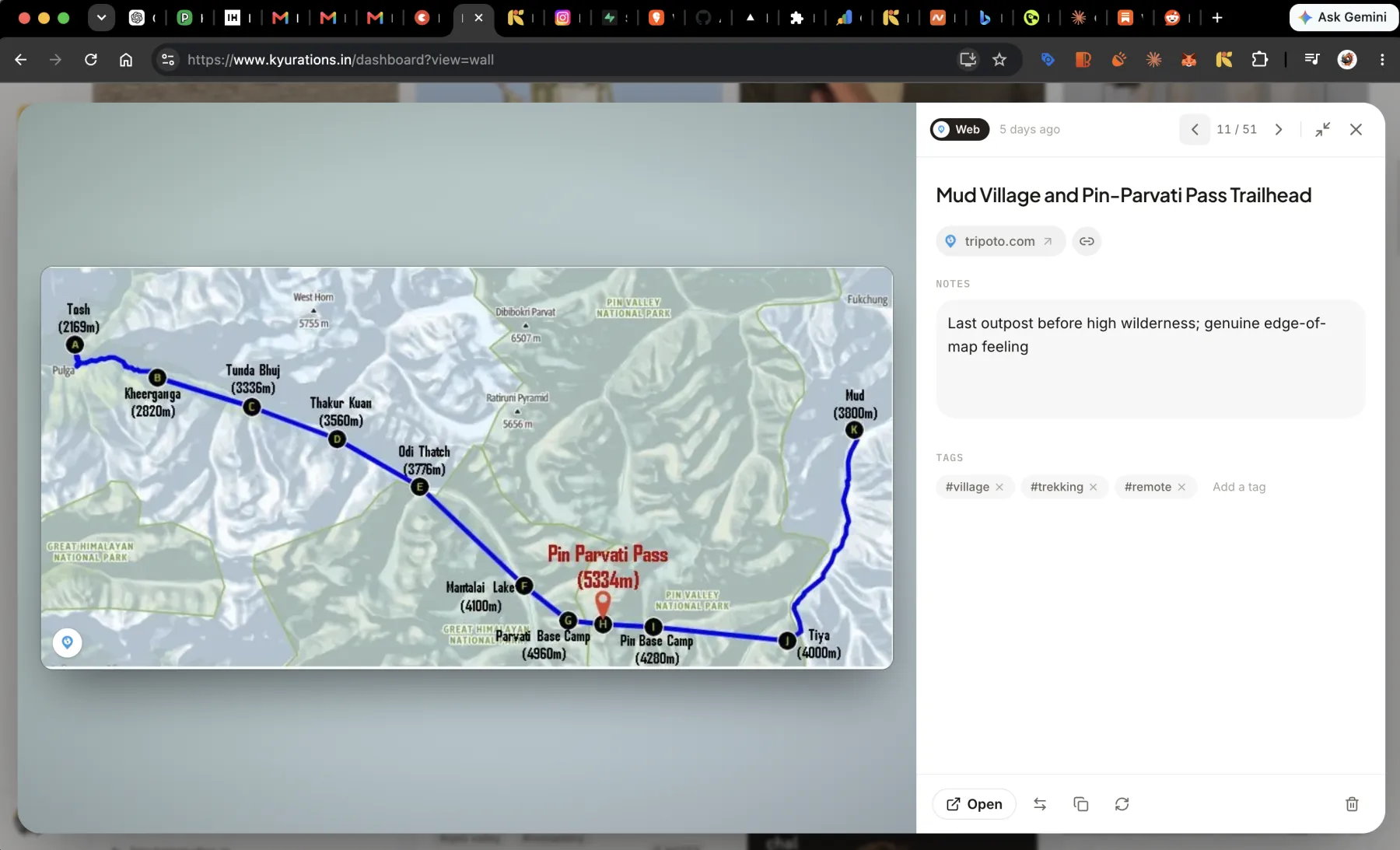 A saved web page open in the detail view, showing the page image, a note and three tags