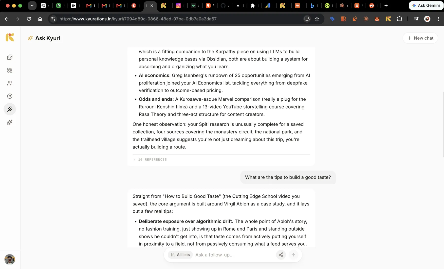 A Kyuri answer summarising several saved items, with a collapsed references section showing sixteen sources