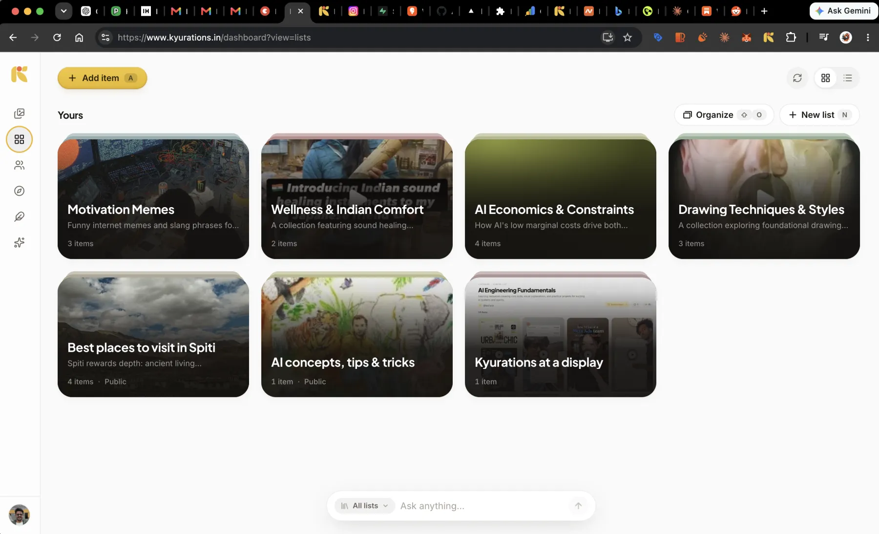 The Lists view, showing seven list covers with names, descriptions and item counts