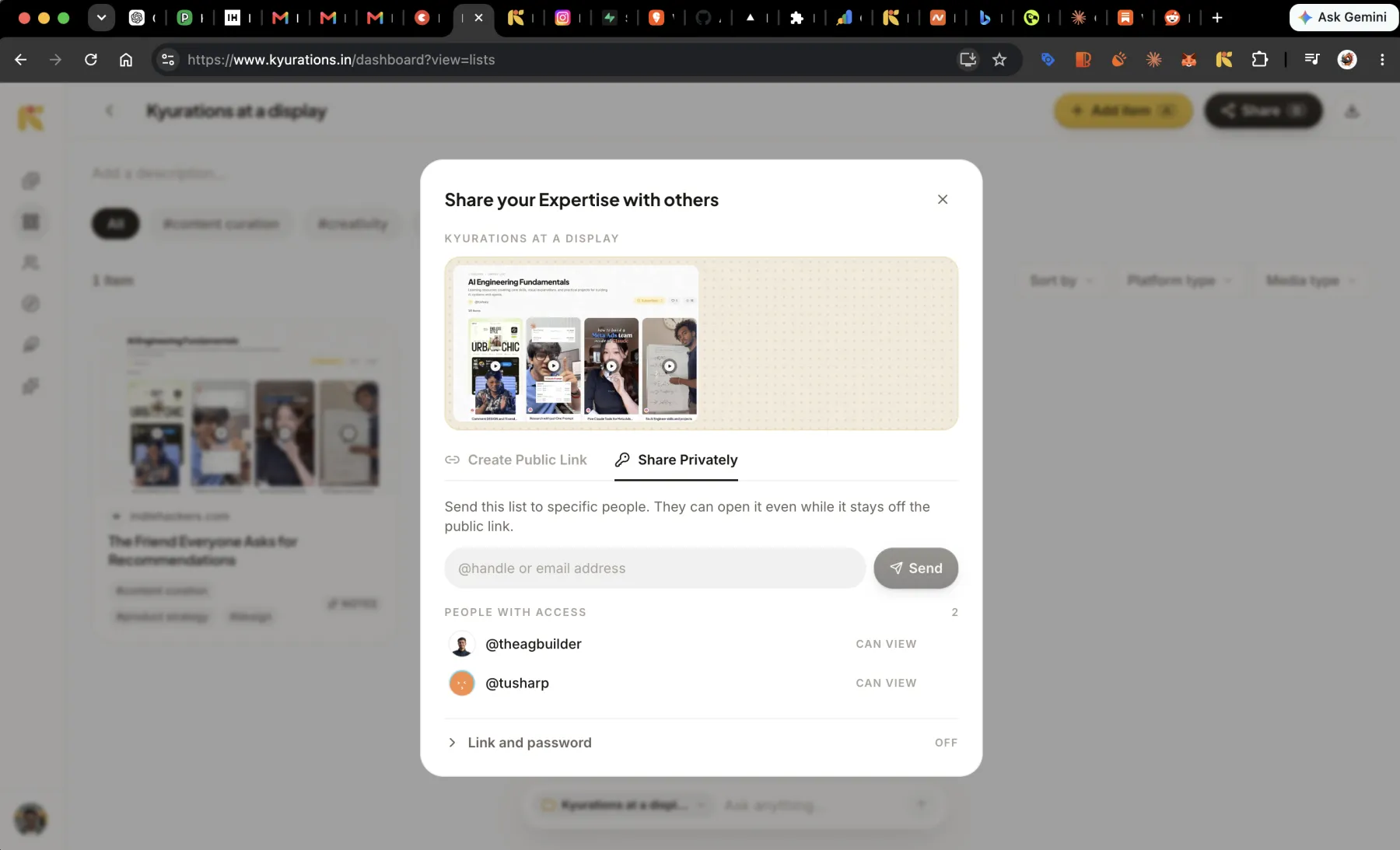 The share dialog on the Share Privately tab, showing two people with view access and a collapsed link-and-password section