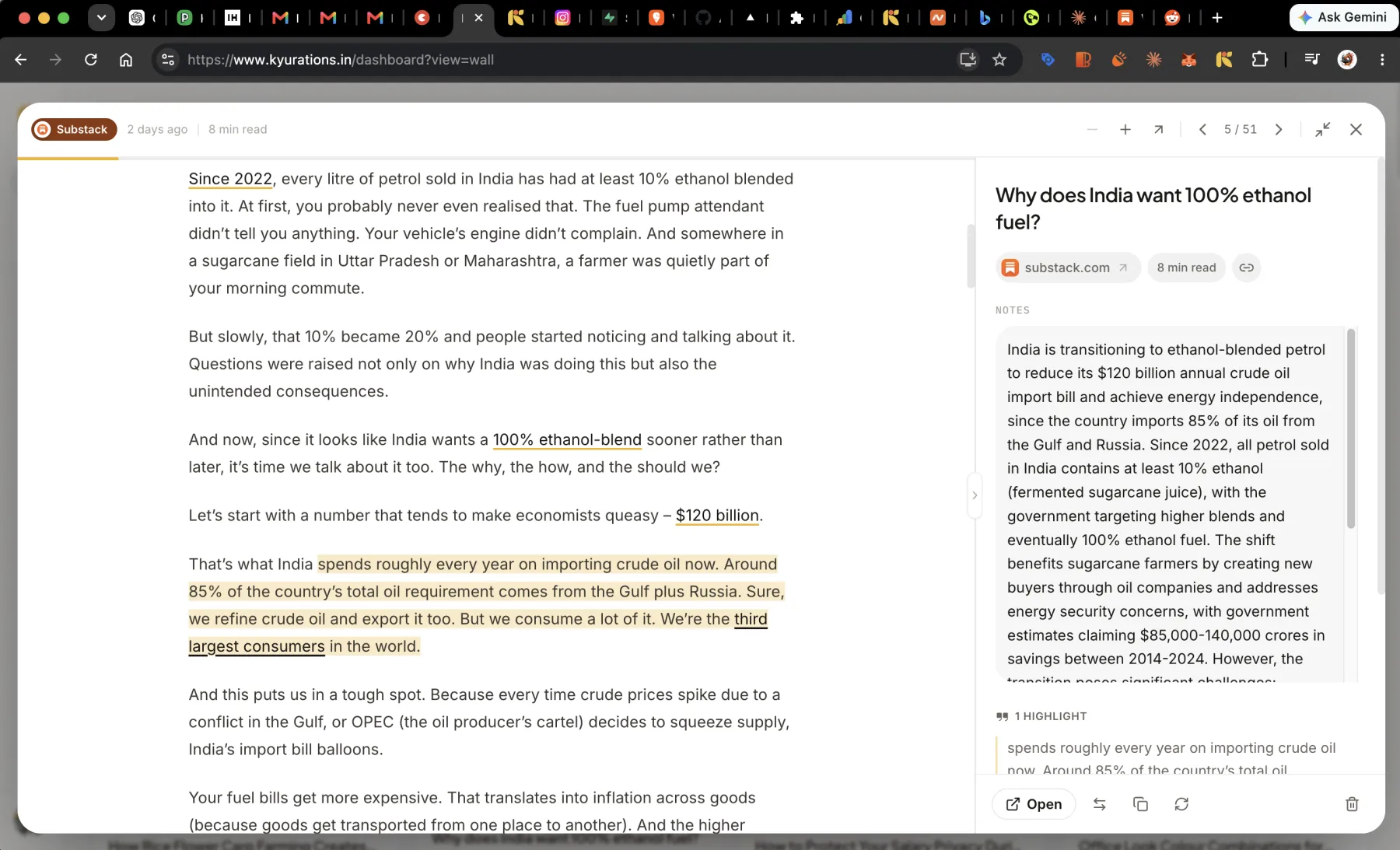 A paragraph of an article with a sentence highlighted, and the highlight listed in the side panel