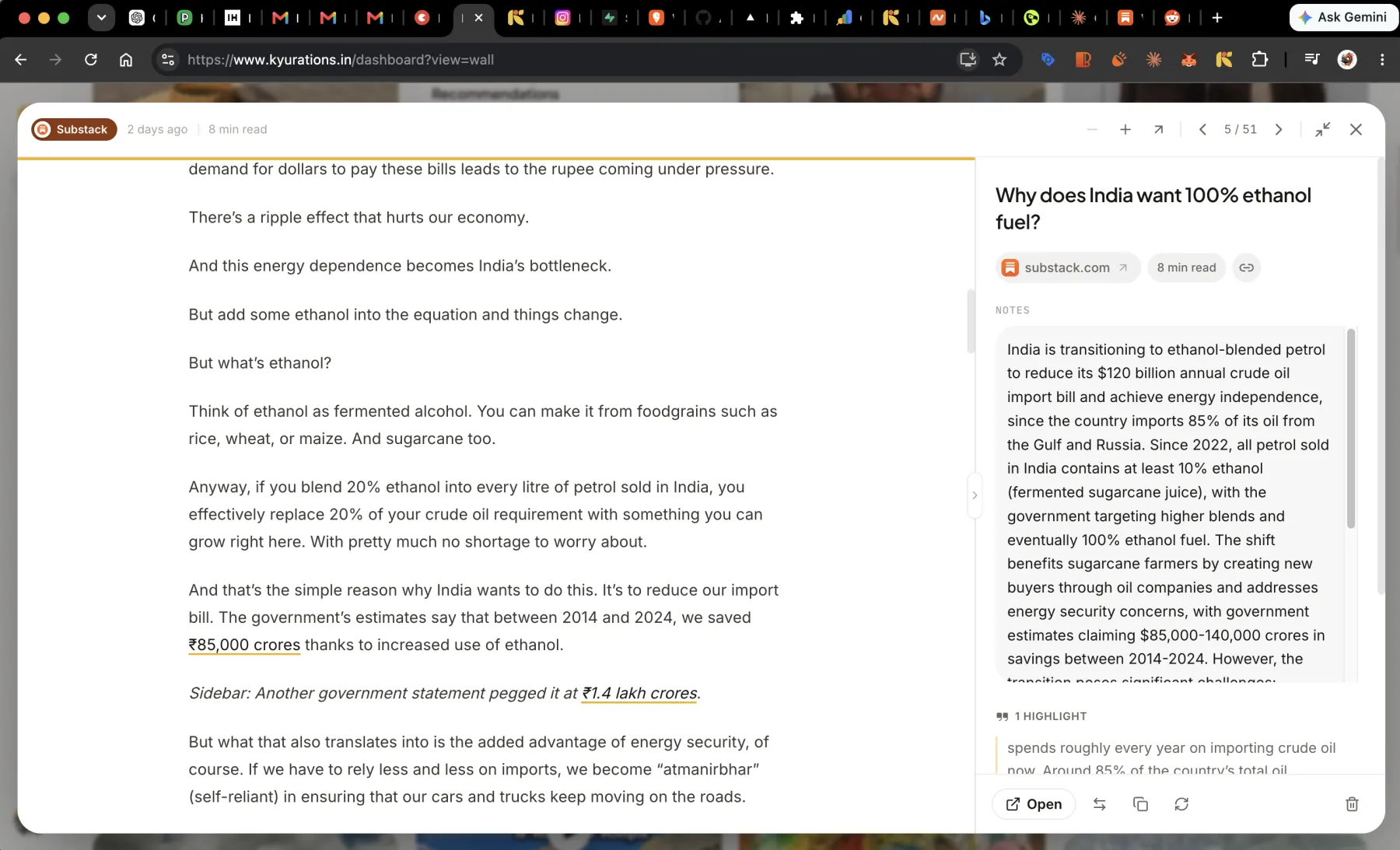 A saved article open in the reader, with the article text on the left and a notes panel on the right