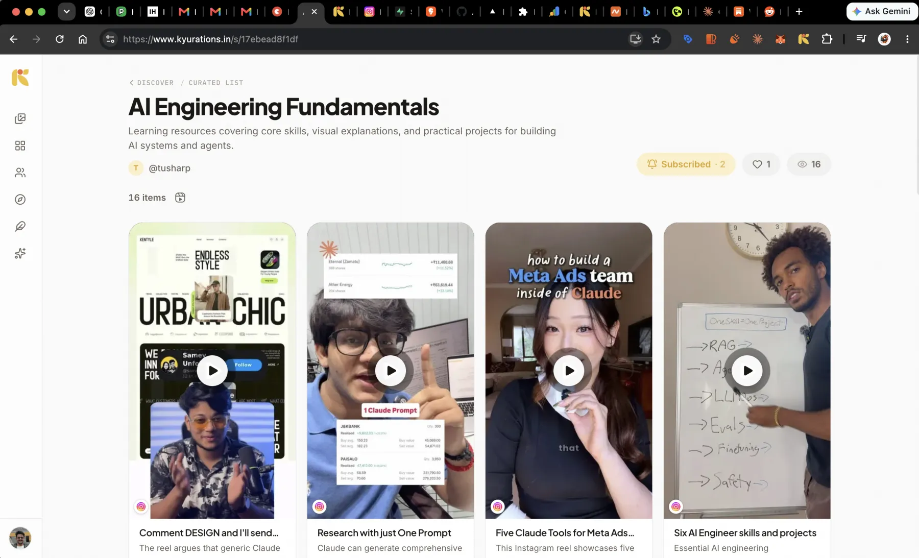 A published collection page titled AI Engineering Fundamentals with sixteen items and subscribe, like and view counts