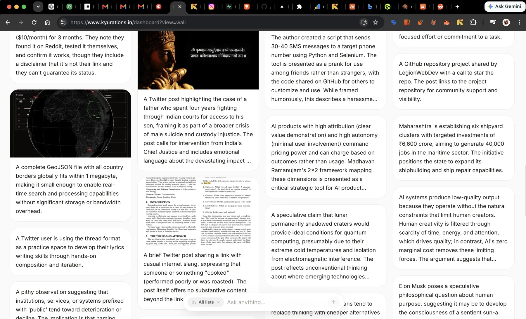 The Bower in zen view: columns of summary text with no images or card borders